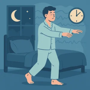 Illustration of an adult man sleepwalking in a bedroom at night, symbolizing sleepwalking in adults triggered by sleep deprivation, with moon, bed, and clock.