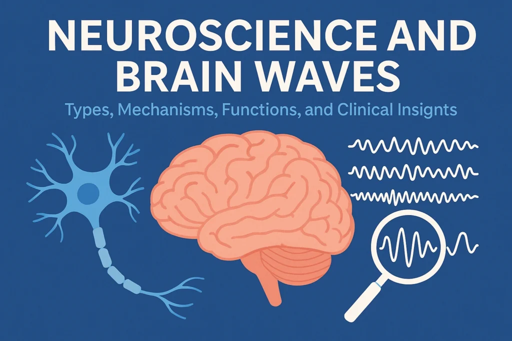 Illustration of a human brain, neuron, and brain waves with magnifying glass, representing neuroscience and brain wave mechanisms