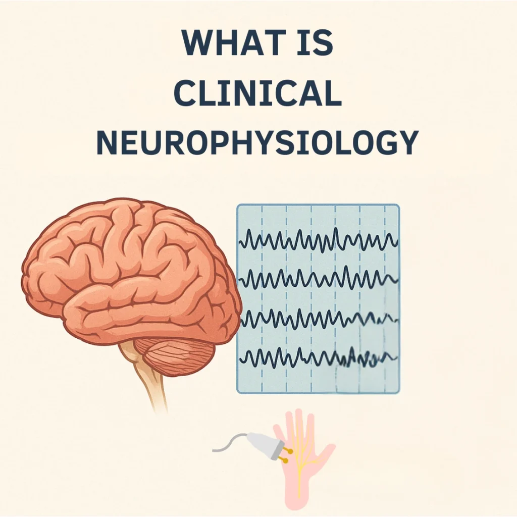 Illustration of a human brain with neurophysiological waves, symbolizing clinical neurophysiology and brain activity monitoring.