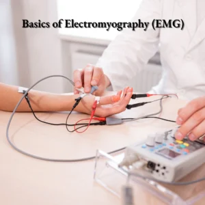 Illustration of electromyography with upper limb, electrodes, and wave patterns representing EMG signals