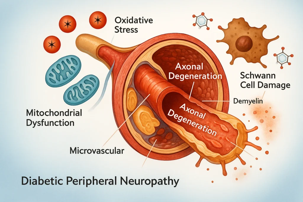 Cross-sectional illustration showing oxidative stress, mitochondrial dysfunction, and axonal degeneration in diabetic peripheral neuropathy.