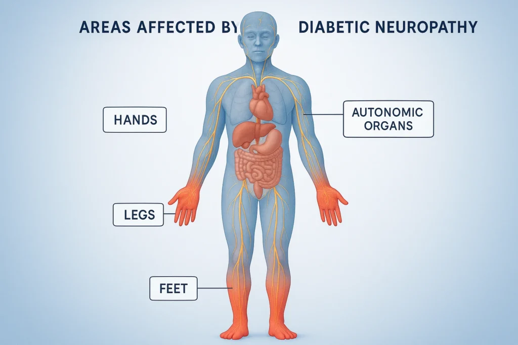 Medical body map highlighting areas commonly affected by diabetic neuropathy including feet, legs, hands, and autonomic organs.