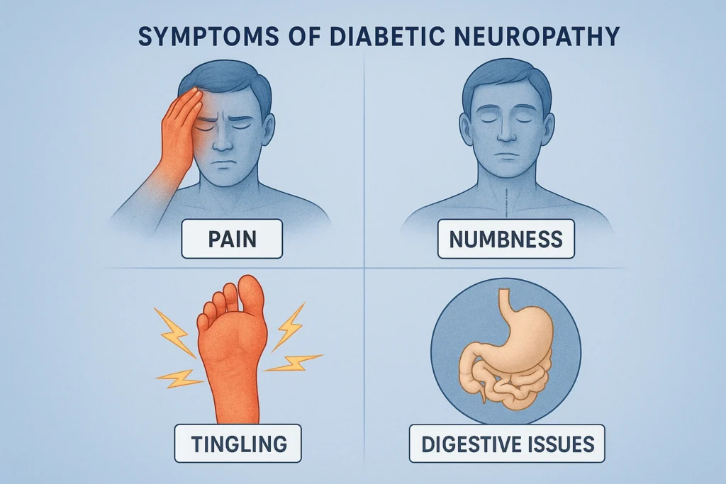 Medical illustration showing common symptoms of diabetic neuropathy, including burning pain, numbness, tingling in the feet and hands, and digestive disturbances from autonomic nerve involvement.