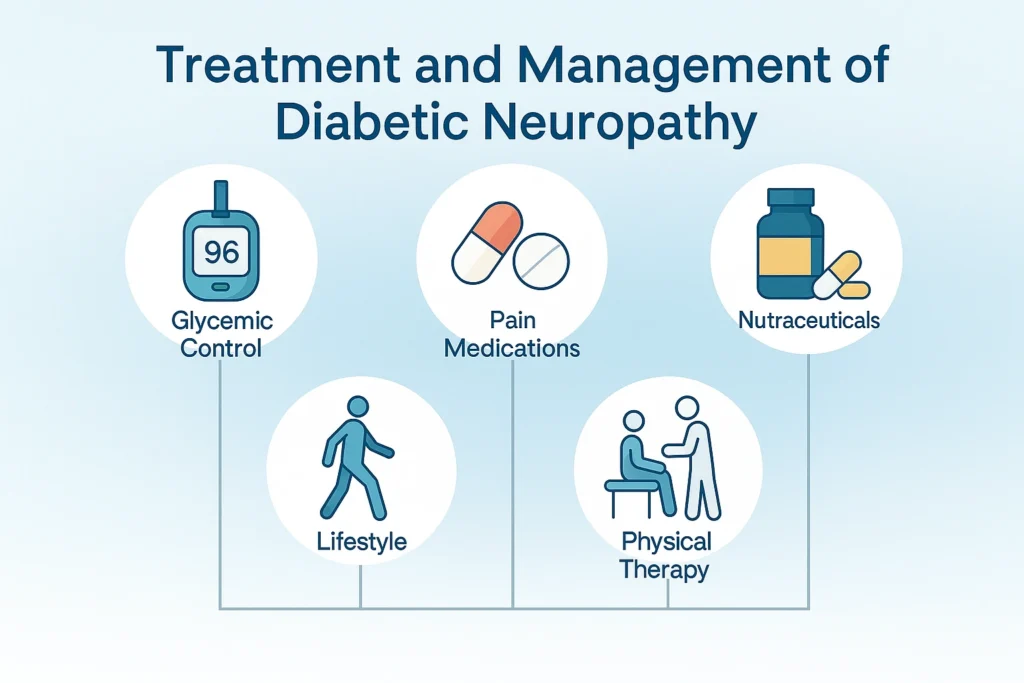 Infographic summarizing treatment and management of diabetic neuropathy, including glycemic control, pain medications, nutraceutical supplements, lifestyle changes, and physical therapy, based on AANEM and ADA 2025 recommendations.