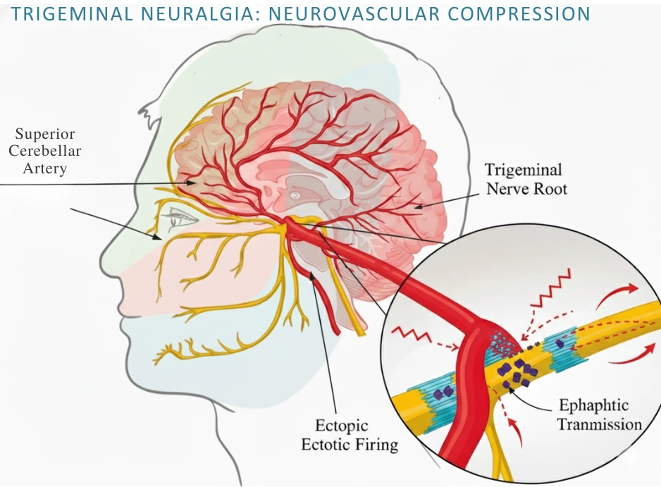 Diagram illustrating neurovascular compression and demyelination in trigeminal neuralgia