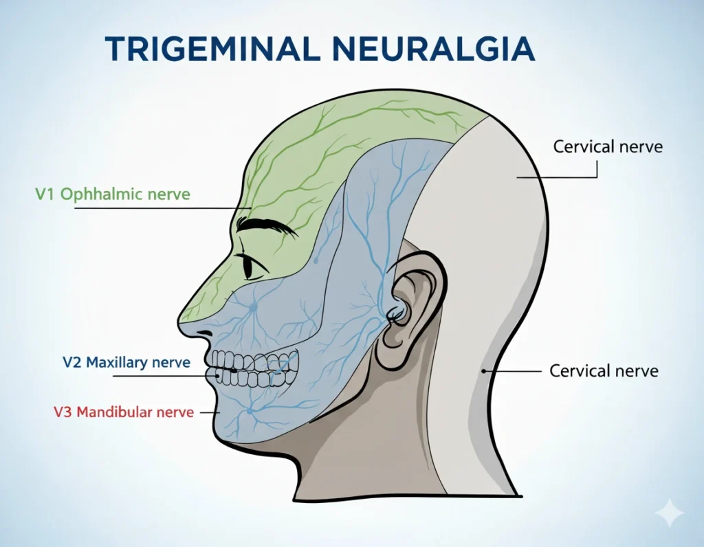 Illustration of facial pain and trigeminal nerve branches in trigeminal neuralgia