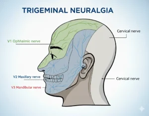 Illustration of facial pain and trigeminal nerve branches in trigeminal neuralgia