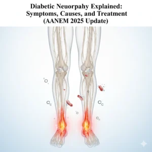 Medical illustration showing diabetic peripheral neuropathy with highlighted nerves in the legs and feet, representing nerve injury caused by diabetes and oxidative stress.