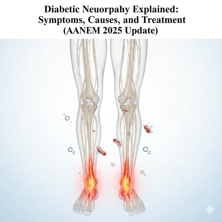 Medical illustration showing diabetic peripheral neuropathy with highlighted nerves in the legs and feet, representing nerve injury caused by diabetes and oxidative stress.