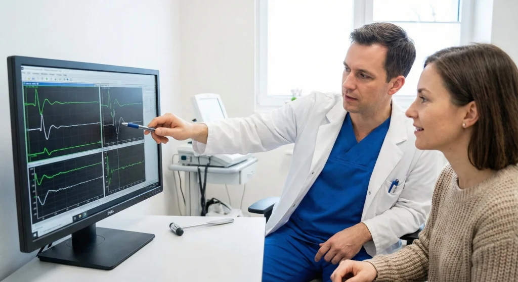 A neurophysiologist explaining nerve conduction study results on a monitor to a patient in a clinic.
