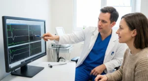 A neurophysiologist explaining nerve conduction study results on a monitor to a patient in a clinic.