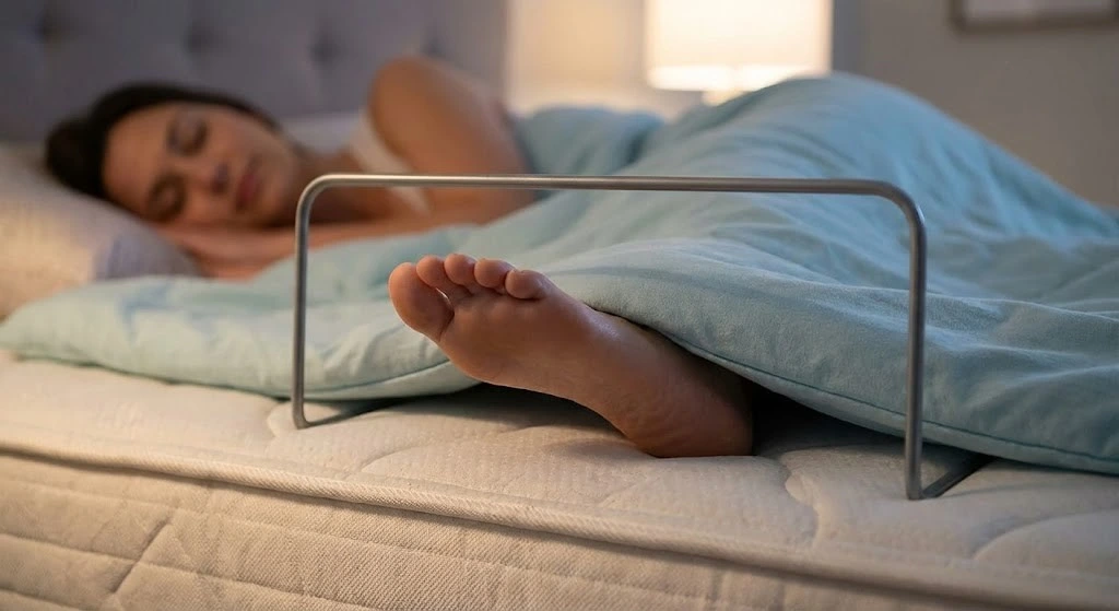 A close-up view of a bed cradle installed on a mattress, lifting the duvet off a person's feet to prevent nerve pain while sleeping.
