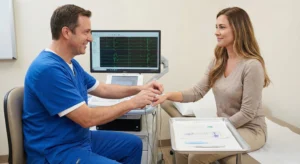 A smiling male clinical neurophysiologist in blue scrubs applying surface electrodes to the hand of a relaxed female patient in a modern clinic room, with an EMG monitor displaying waveforms in the background.