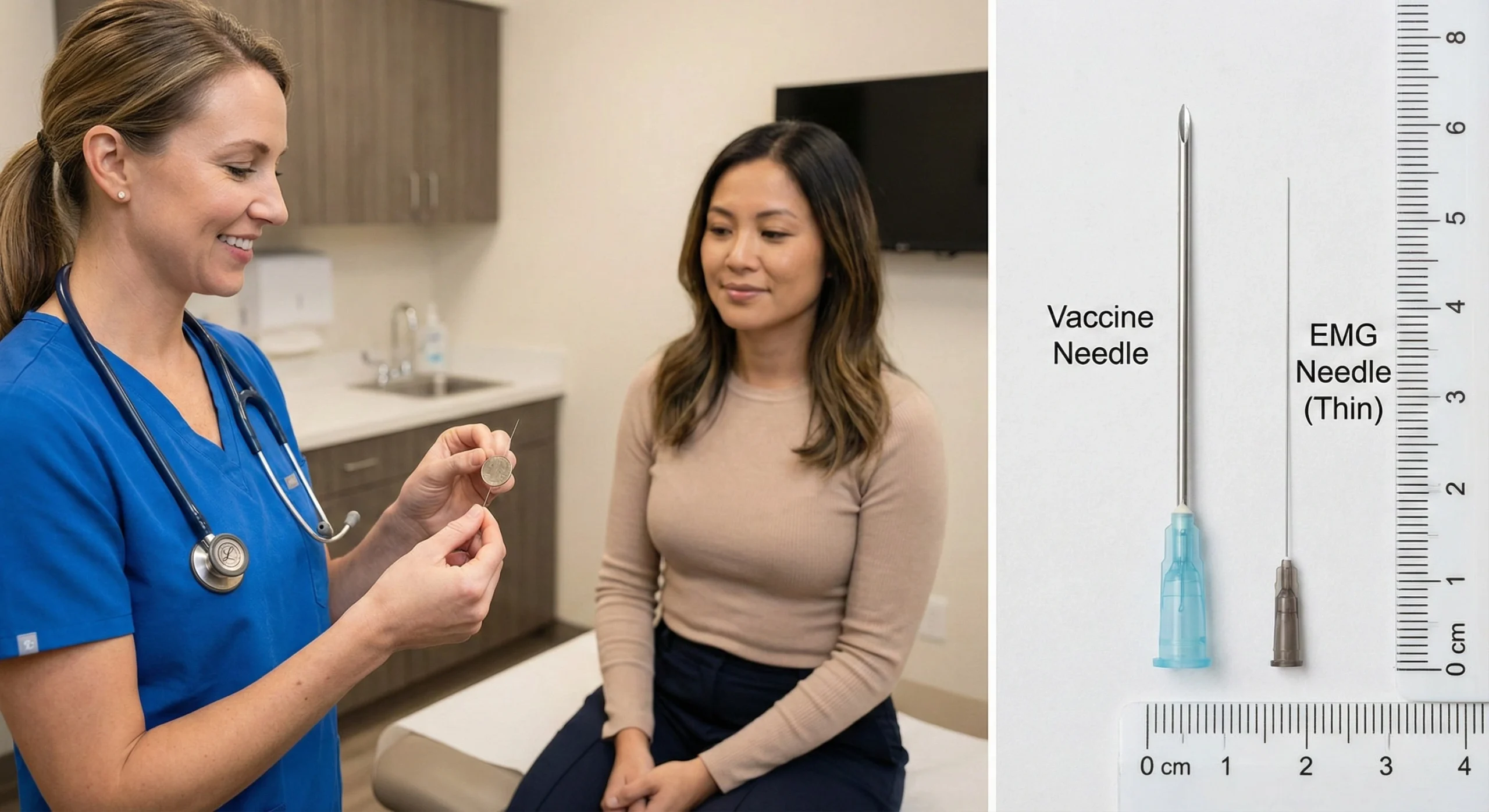 A side-by-side comparison showing a neurophysiologist holding a tiny EMG needle next to a coin for a patient, and a close-up picture demonstrating that the solid EMG needle is significantly thinner than a standard hollow vaccine needle next to a ruler.