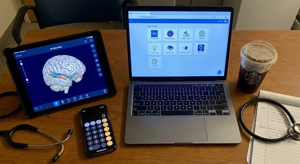 A top-down photograph of a neurology resident's desk featuring a laptop displaying a portal of resource links, a tablet showing a 3D brain atlas, a smartphone, a stethoscope, a coffee cup, and handwritten notes.