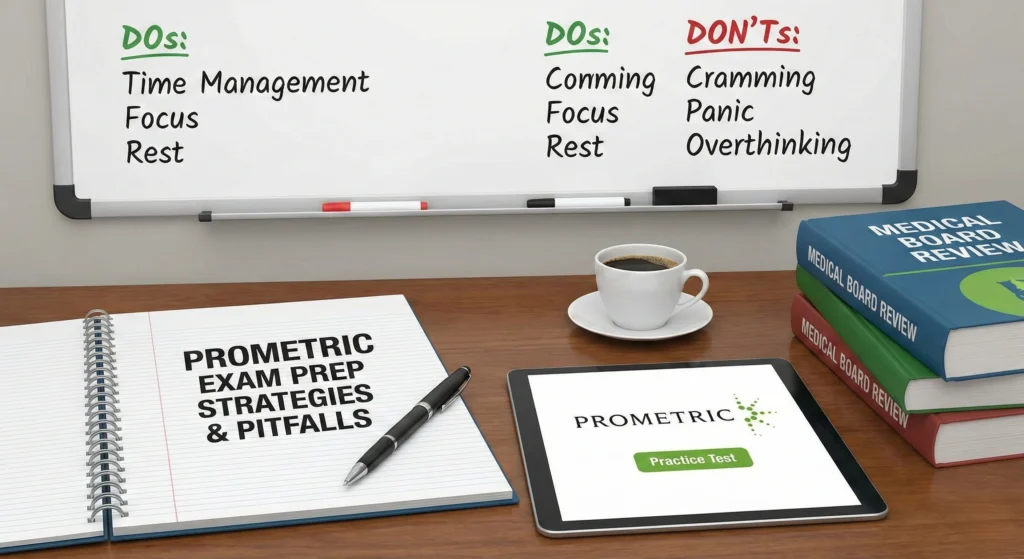 Workspace with a notebook titled 'PROMETRIC EXAM PREP STRATEGIES & PITFALLS', a tablet showing a 'Prometric Practice Test' button, and a whiteboard with a list of 'DOs: Time Management, Focus, Rest' and 'DON'Ts: Cramming, Panic, Overthinking'.