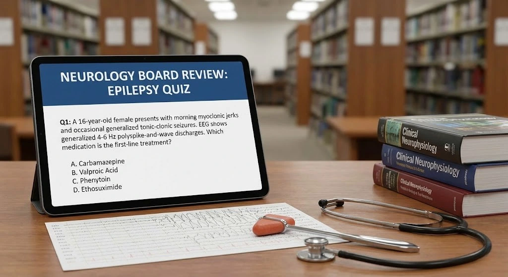 Tablet screen displaying a neurology board review multiple-choice question on epilepsy treatment, sitting on a medical study desk beside an EEG chart, stethoscope, and neurophysiology textbooks.
