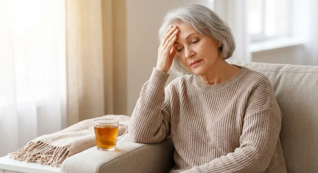 A senior woman resting on a sofa, holding her hand to her forehead due to fatigue or headache, representing common side effects after shingles vaccination.