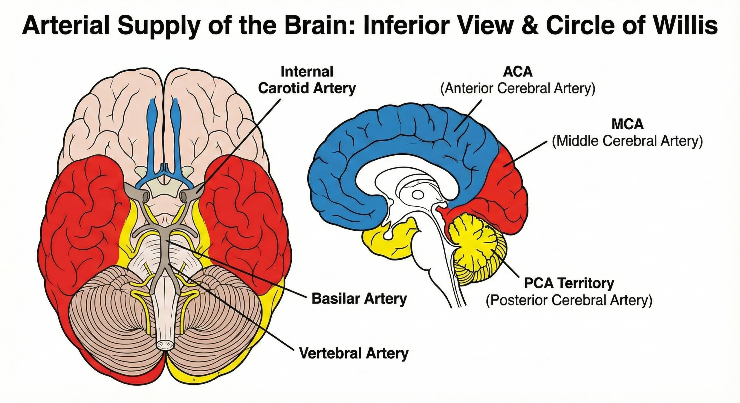 Diagram of the inferior brain surface highlighting the arterial supply of the ACA, MCA, and PCA and their origin from the Circle of Willis.