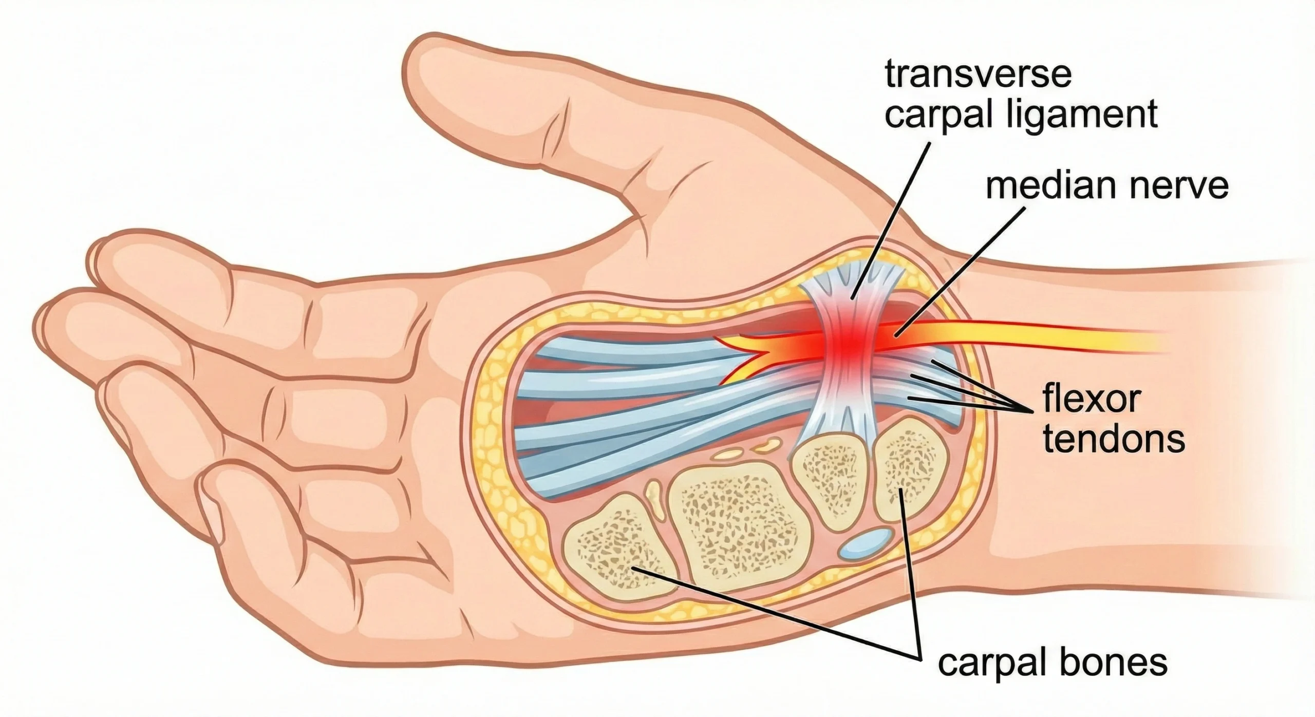 Medical illustration showing a cross-section of the wrist with Carpal Tunnel Syndrome. The median nerve is highlighted in red, indicating compression under the transverse carpal ligament against the flexor tendons.