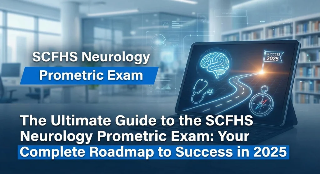 Digital tablet displaying a roadmap to 'Success 2025' with a brain icon, stethoscope, and compass, headed by the text 'SCFHS Neurology Prometric Exam' and 'The Ultimate Guide to the SCFHS Neurology Prometric Exam: Your Complete Roadmap to Success in 2025'.