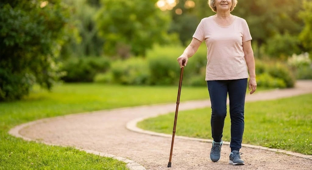 A senior woman smiling while walking in a park with a cane, demonstrating how to live well and stay active with peripheral neuropathy.