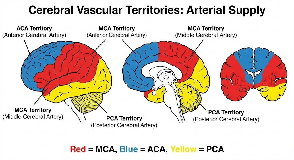 Medical illustration showing the vascular territories of the brain: Anterior Cerebral Artery (Blue), Middle Cerebral Artery (Red), and Posterior Cerebral Artery (Yellow) in lateral, medial, and coronal views.