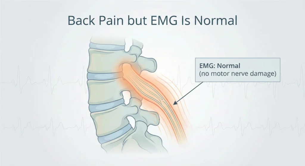Back pain with normal EMG showing nerve irritation without permanent nerve damage