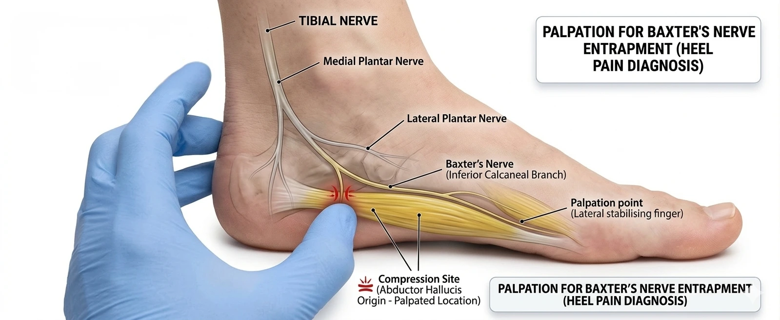 Detailed anatomy diagram of a clinician palpating a foot for Baxter’s Nerve entrapment, showing nerve paths, compression sites, and a Google Trends breakout query inset.
