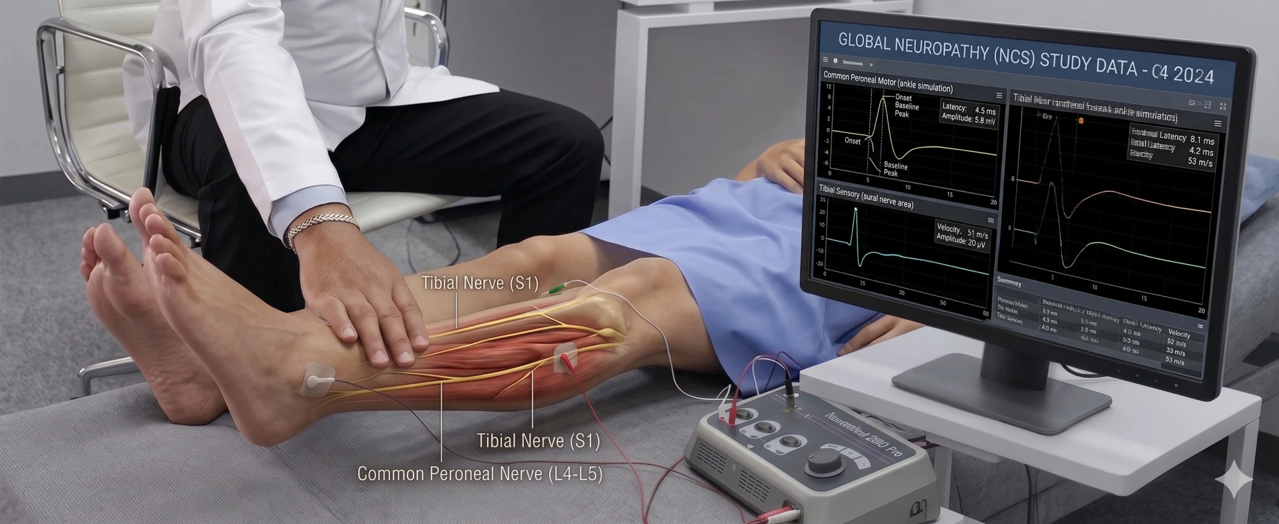 Clinician performing a Nerve Conduction Study (NCS) on a patient's leg, featuring an anatomical overlay of the tibial nerve and a monitor displaying real-time motor and sensory waveform traces.